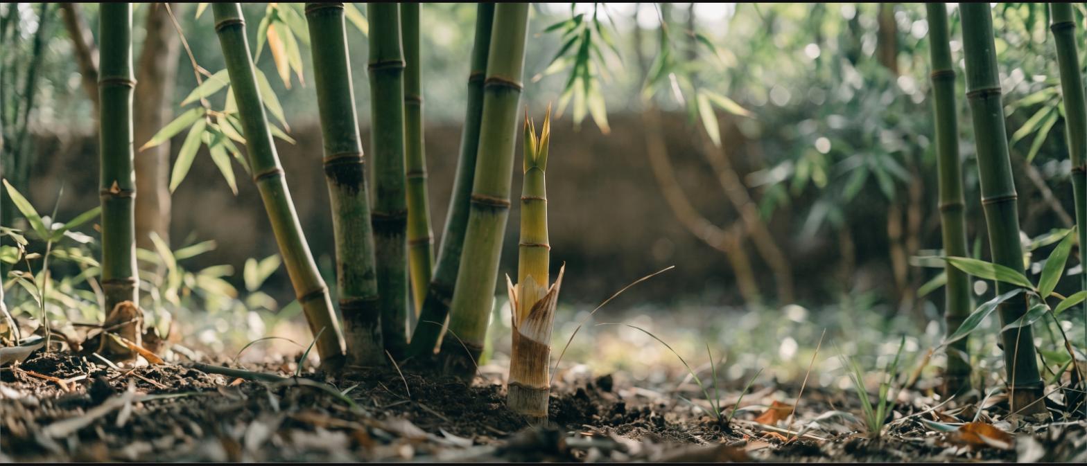 A new bamboo shoot emerging from the soil beside established canes in spring