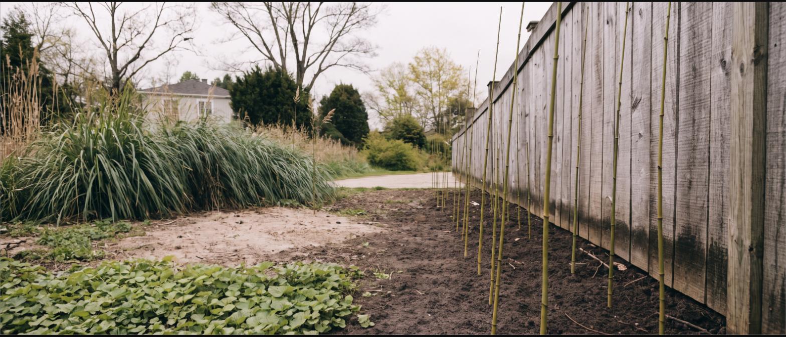 Newly planted bamboo along a fence line in its first season, thin canes and wide gaps